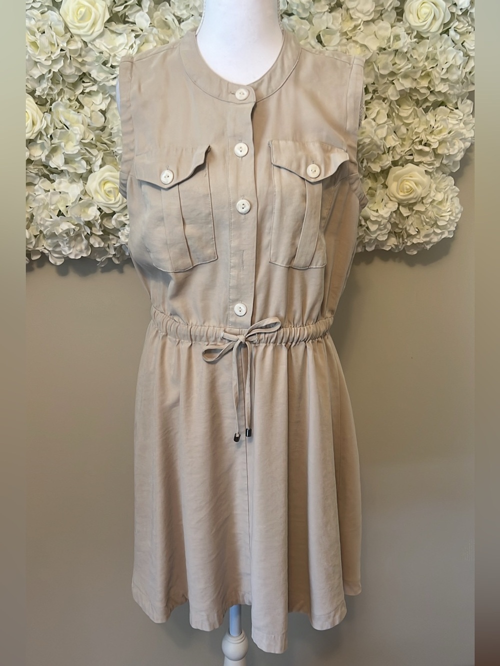 Nine West Sleeveless Drawstring Tan Shirt Dress missing button